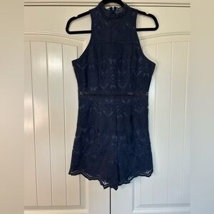 Whimsigoth Shorts Romper. Navy, brocade fabric. Sleeveless. #Lace #coquette